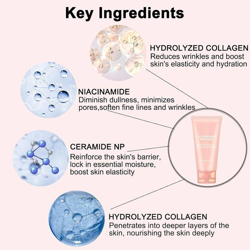 Collagen Night Wrapping Mask Peel-Off Overnight Collagen Face Mask - Deeply Hydrates & Firming & Glowy - Reduce Sagging & Wrinkle For Glowing Skin 2.54 fl.oz with Mask Applicator