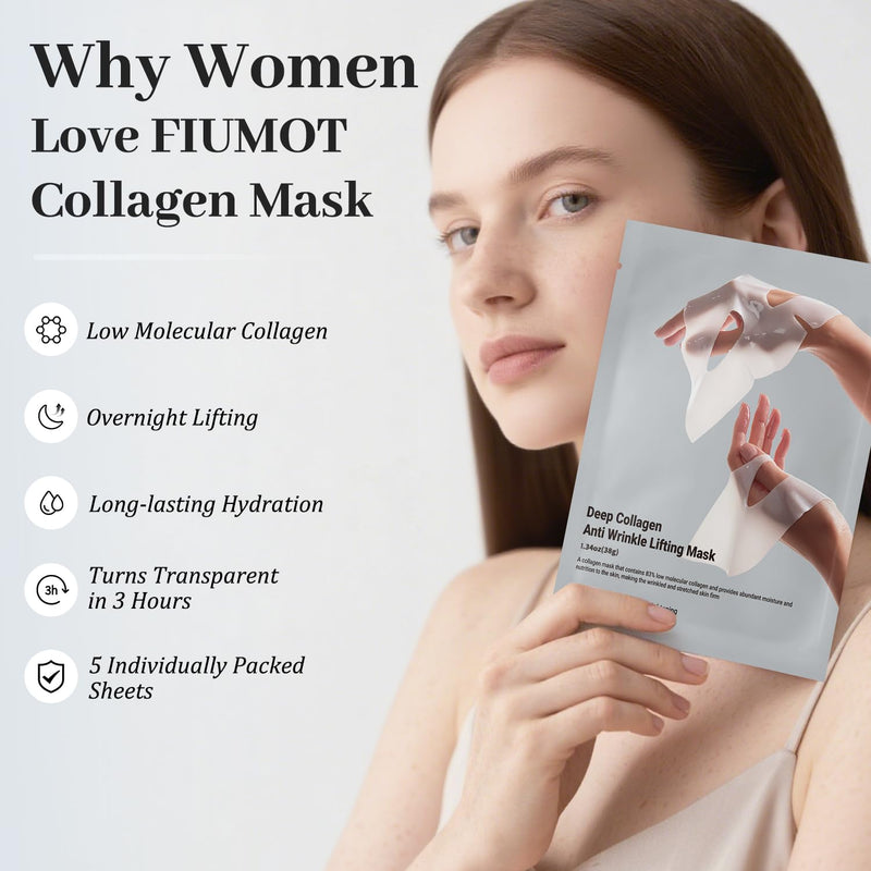 Deep Collagen Anti-Wrinkle Lifting Overnight Mask Facial sheet masks with low molecular weight collagen for lifting, firming, and moisturizing 5 Packs
