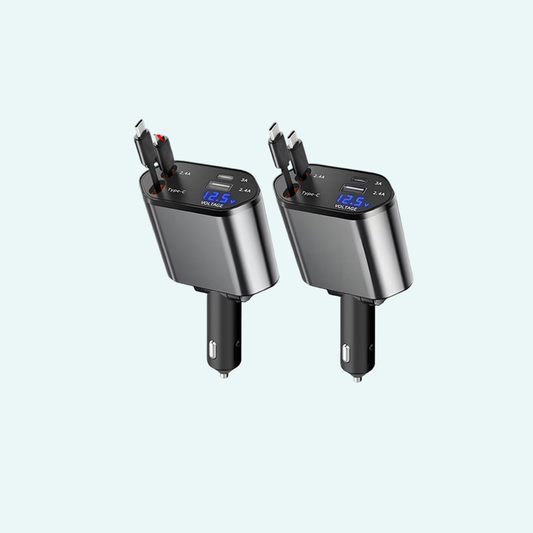 4 IN 1 Car Phone Charger 120W Type C 66W+2.4A Charging Cable with Retractable Cords with Volt Display For IPhone Huawei Samsung