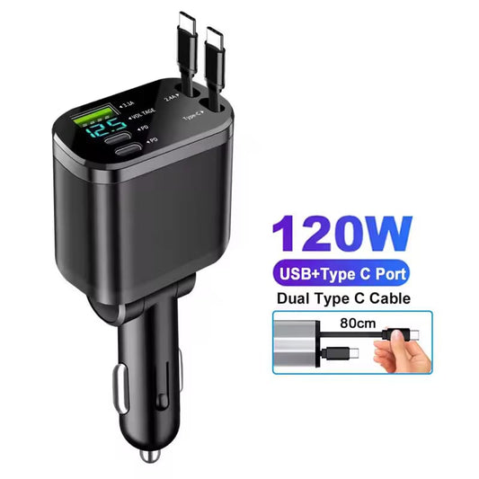 4 IN 1 Car Phone Charger 120W Type C 66W+2.4A Charging Cable with Retractable Cords with Volt Display For IPhone Huawei Samsung